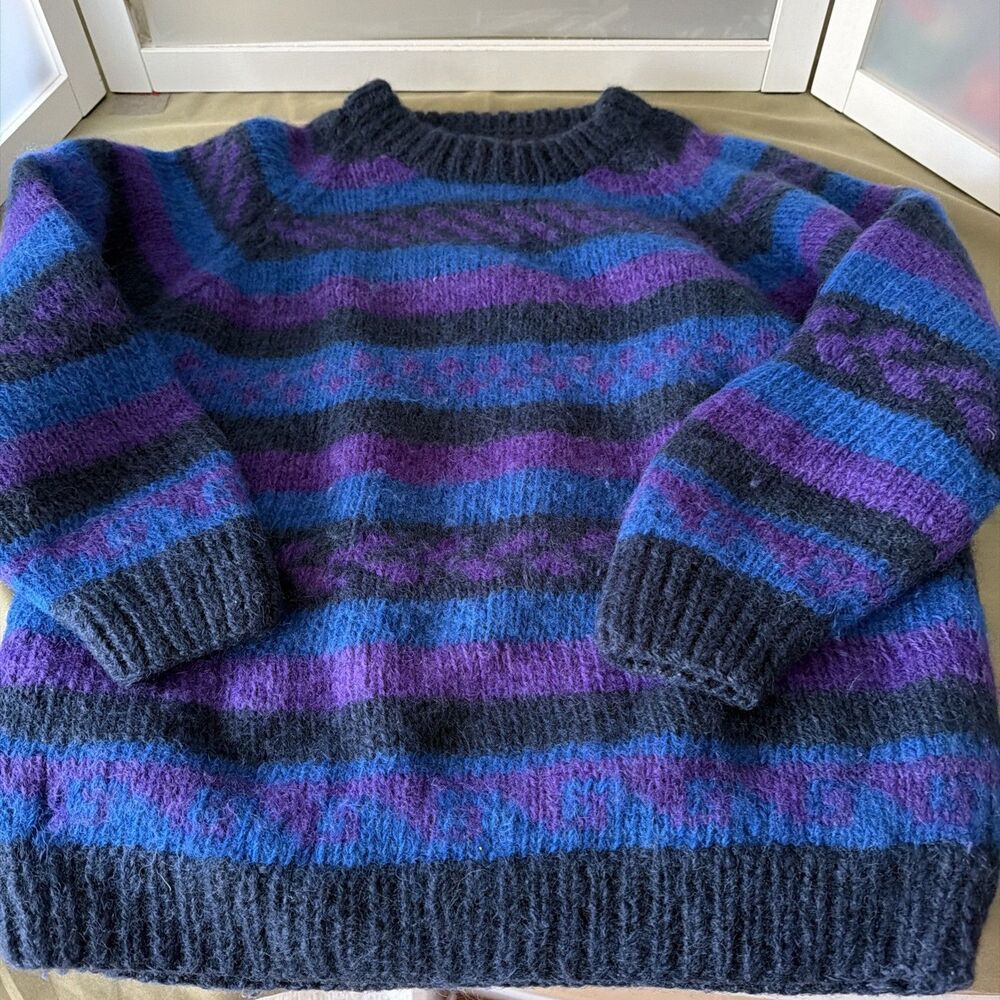 Vtg Purple Moon Hand Knit Wool Sweater Nepal Oversized Slouchy Fair Isle M/L 80s